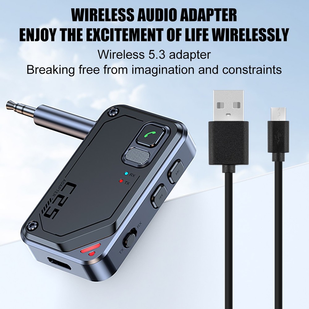 2in1 Bluetooth 5.3 Transmitter Receiver Car Wireless Audio Adapter USB 3.5mm Aux