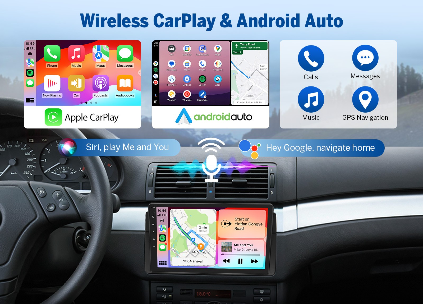 CAM+OBD+9 inch IPS Android Auto for BMW E46 325i Car Stereo Radio Apple CarPlay