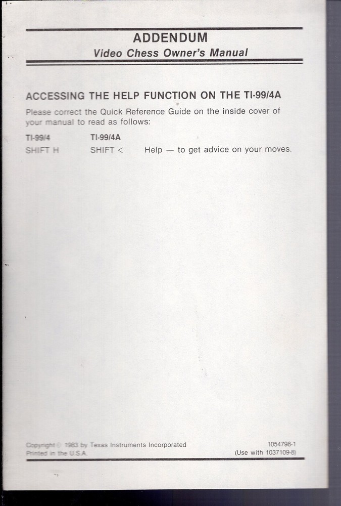 TI-99/4 & 4A Video Chess Command Module Manual & Addendum