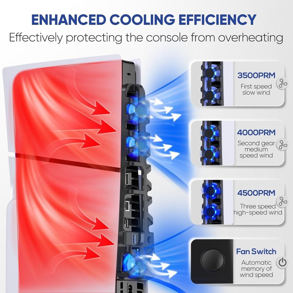Enhanced PS5 Slim Cooling Fan - LED Light, Auto Memory Function, Compact Design
