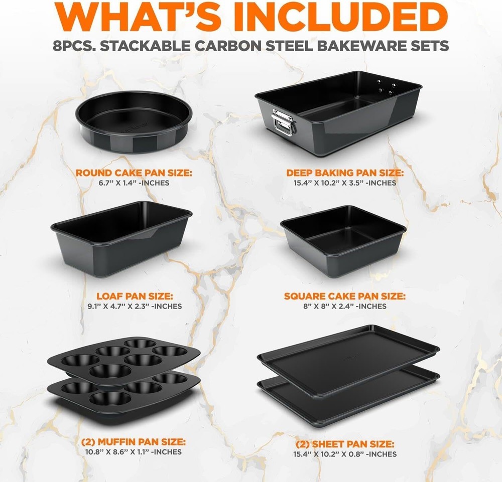 8-Piece Stackable Nonstick Bakeware Set Steel Baking Tray for Food Prep Serving