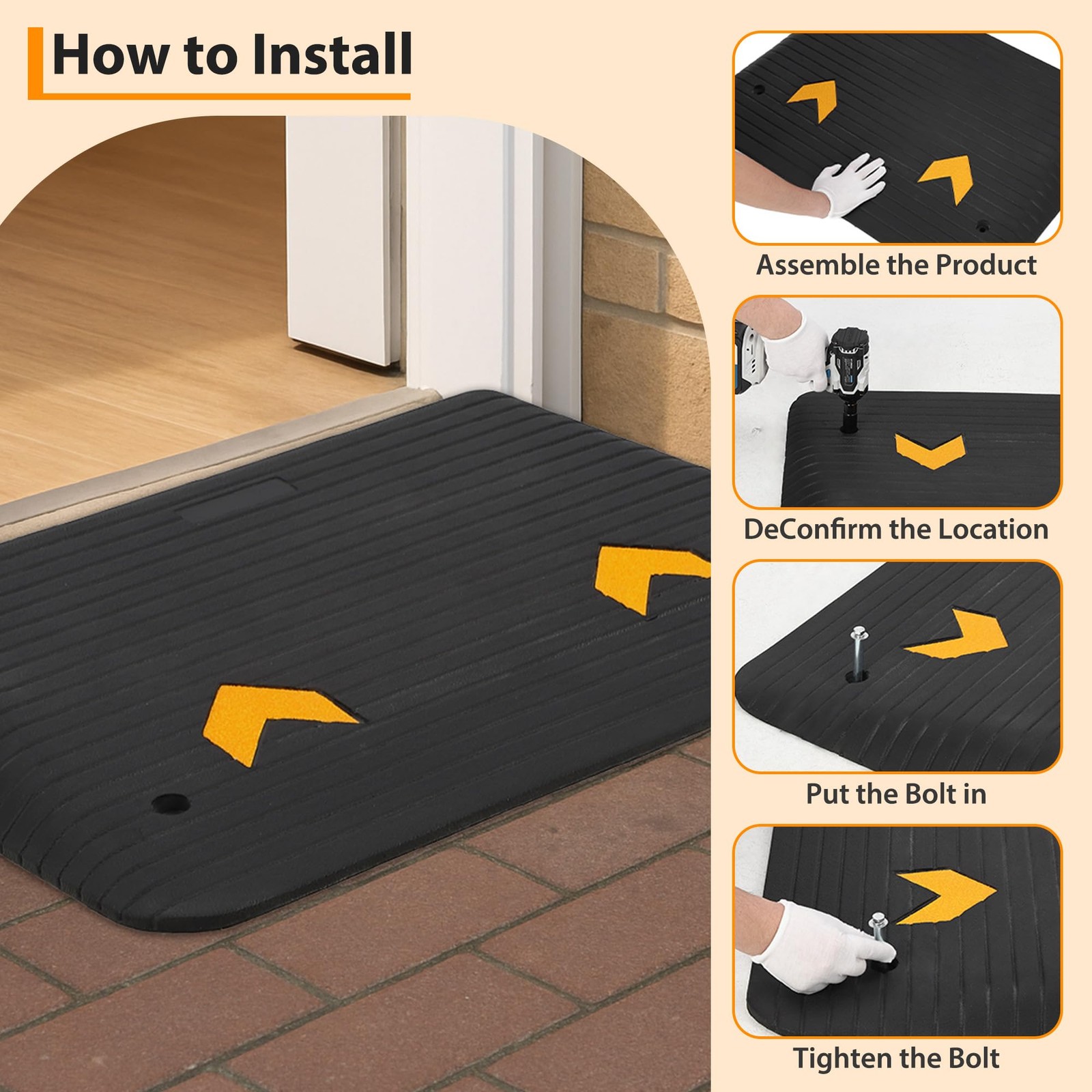 3.5 Inch Raised Rubber Threshold Ramp Cuttable Door Ramp, Portable Non-Slip Ramp