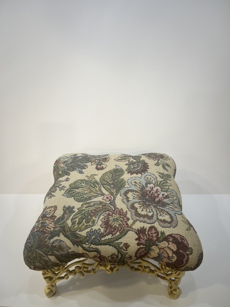 Vtg Solid Ornate Cast Iron Elegant Foot Stool Floral Padded
