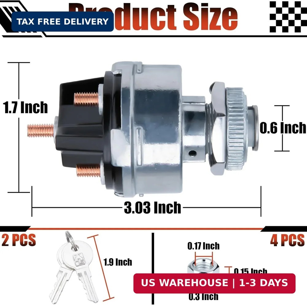 Ignition Switch with Key, Universal Ignition Key Switch, 12V 4 Position Starter