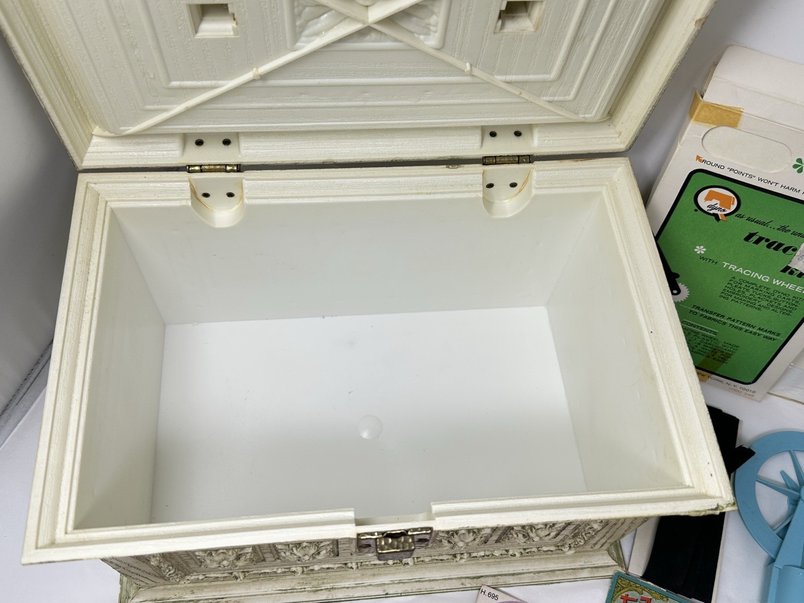 Vintage Max Klein Sewing Box Faux Wood Plastic Storage with Contents Supplies