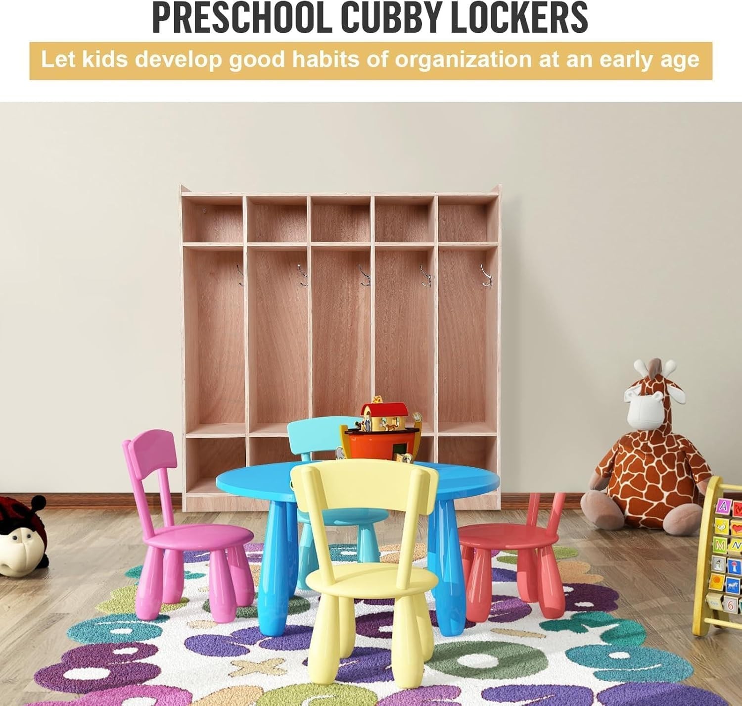 Daycare Cubby 5-Section 10 Cubbies with 4 Hidden Wheels 5 Hooks 2 Storage Boxes