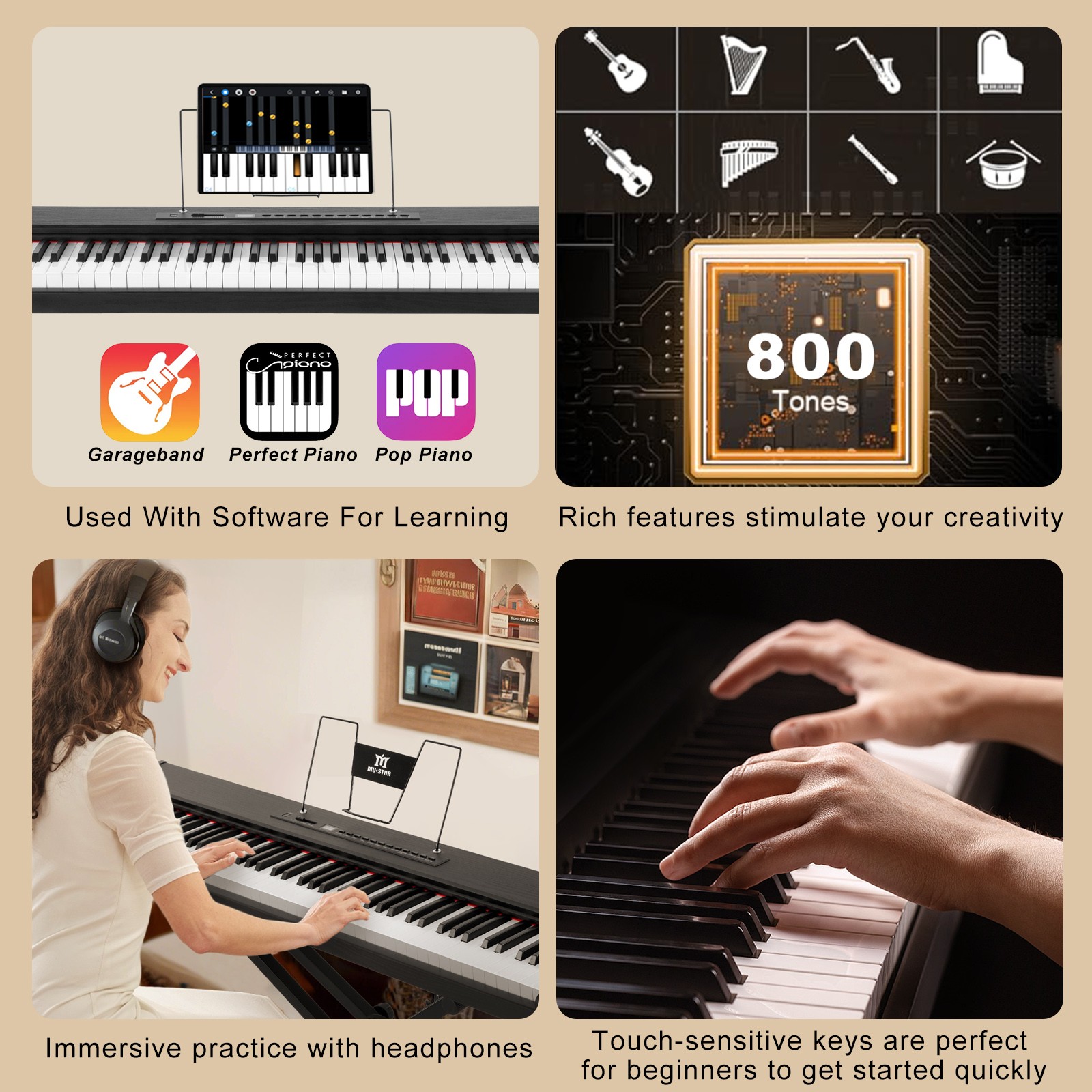 MUSTAR Black 88-Keys Full Size Semi-Weighted Digital Piano Keyboards with Pedal