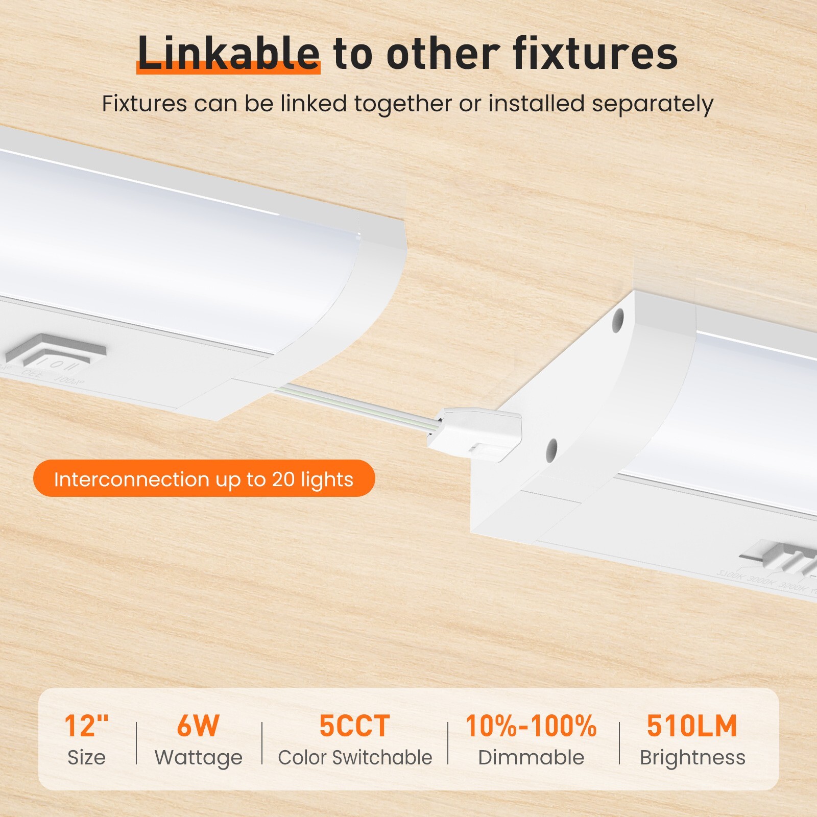 LED 12''/18''/24'' Under Cabinet Closet Light Hardwired Kitchen Lamp Linkable