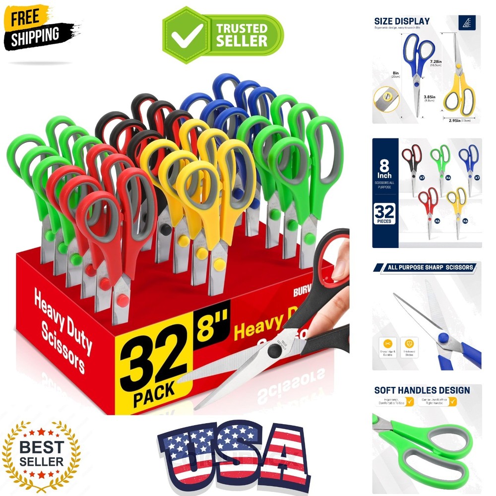 Scissors Bulk Set of 32-Pack, 8" All Purpose Multipurpose Sharp Sewing Craft ...