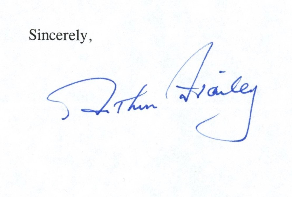 Acclaimed Novelist Arthur Hailey Signed Letter