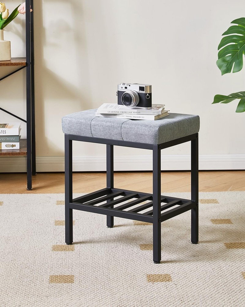 WBD017L Rectangular Makeup Stool Adjustable Storage Linen Vanity Blue Gray