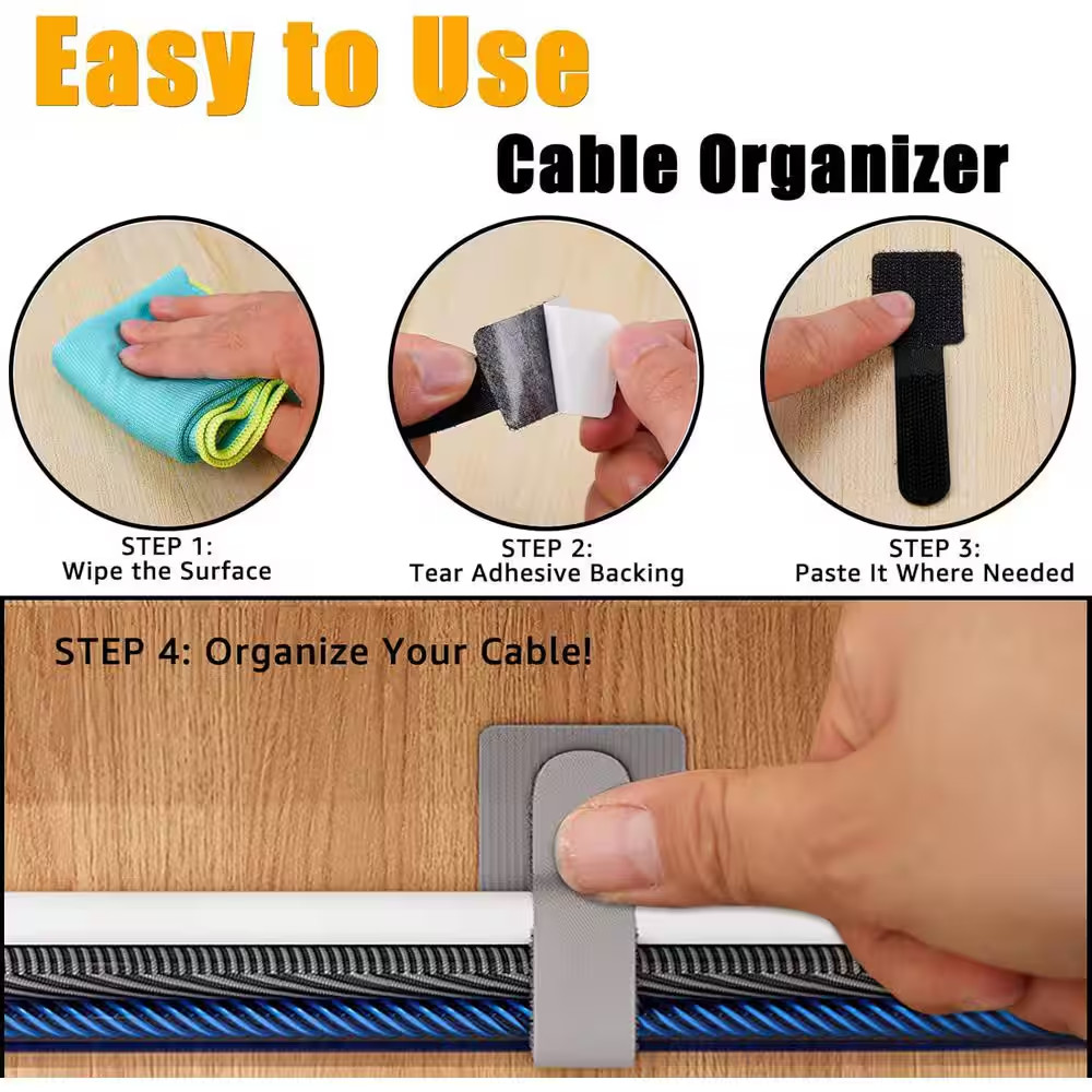 80PCS Hook and Loop Cable Straps Self Adhesive Reusable Wire Organizers Adjustab