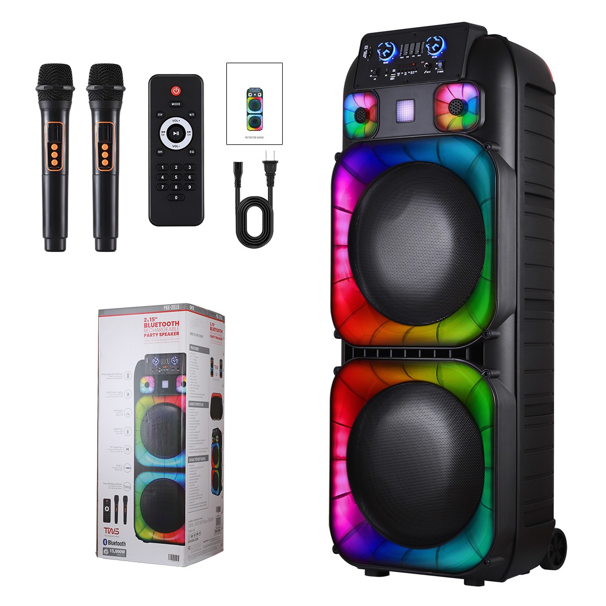 15,000W Dual 15" Bluetooth Speaker Subwoofer Heavy Bass Sound System Party & Mic