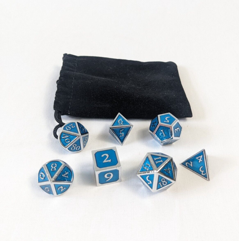 HAXTEC 7-Piece Polyhedral RPG Board Game SOLID METAL DICE SET Silver / Blue