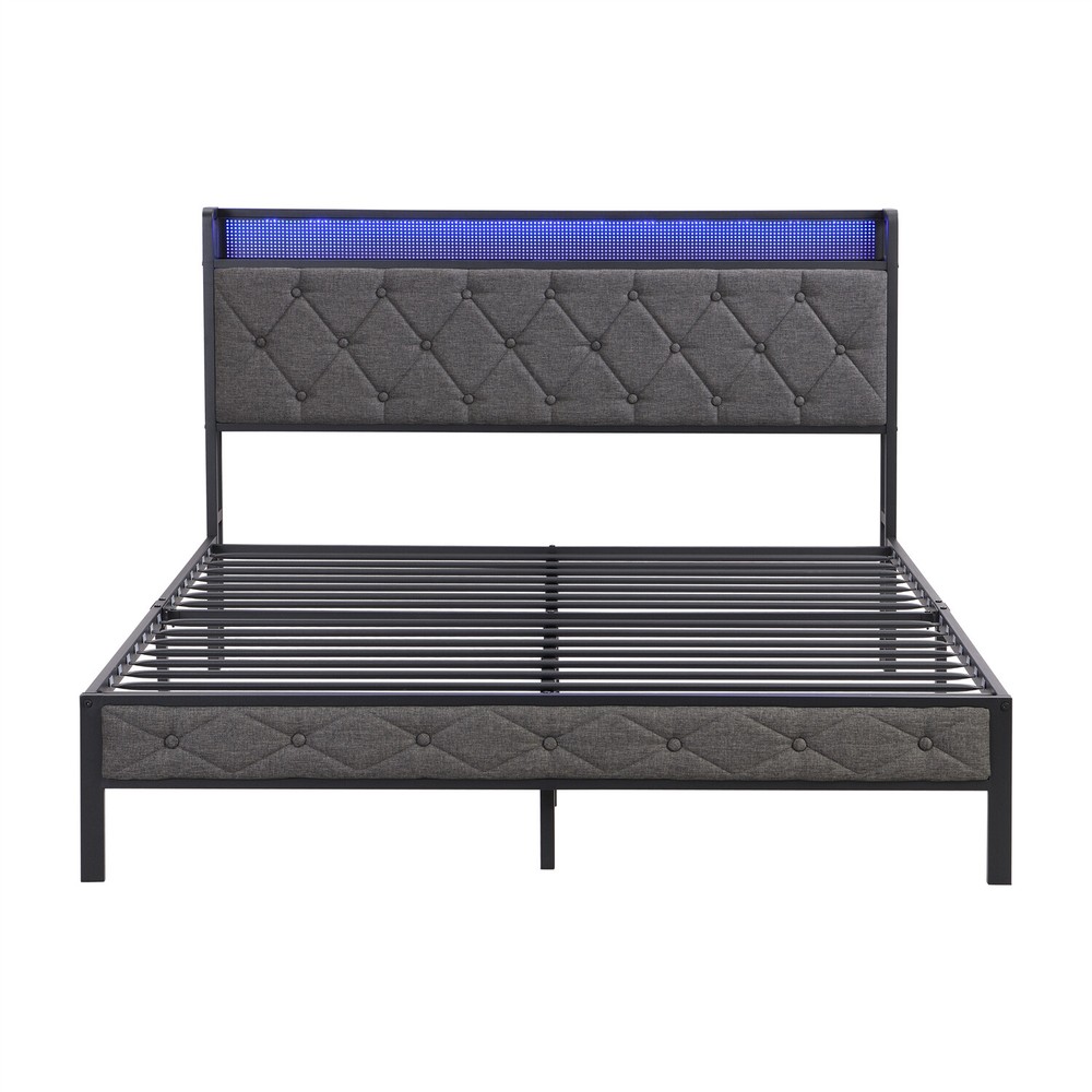 Full Size LED Bed Frame with Headboard & USB Ports Upholstered Platform Bed US
