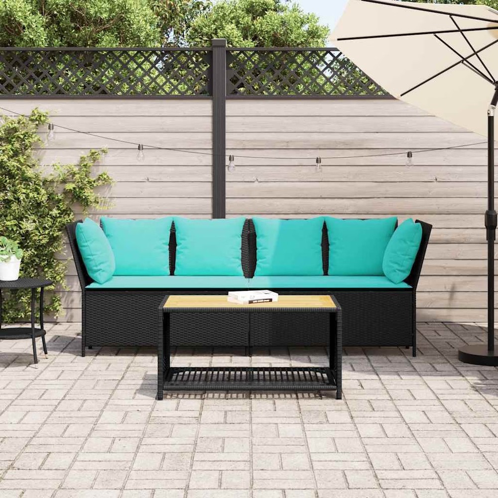 Patio Sofa with Cushions Black Poly Rattan
