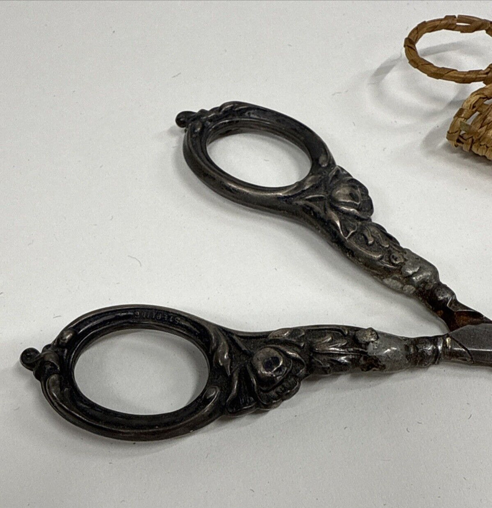 Ornate Antique Silver Handled Sewing Scissors - Straight Tip