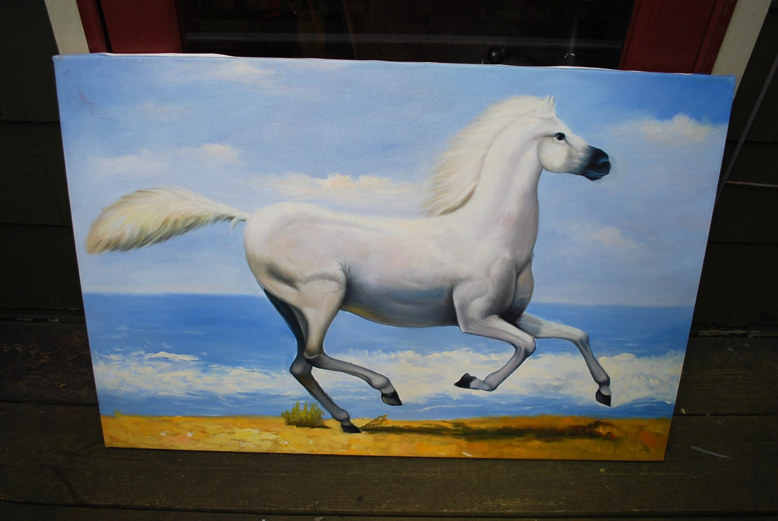 HORSE RUNNING ALONG OCEAN Original Art ACRYLIC PAINTING/CANVAS Signed 36" x 24"