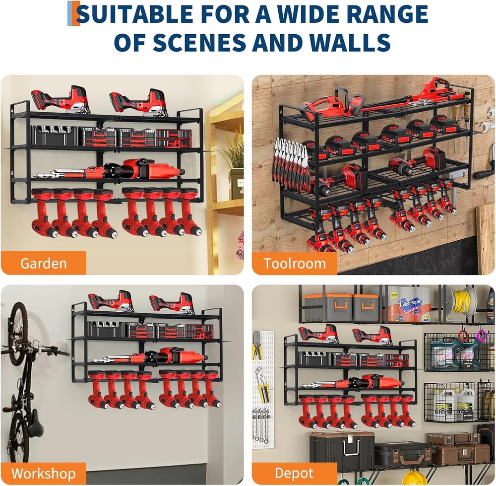 8 Drill Power Tool Organizer Wall Mount Garage Storage Rack 4-Layer Drill Holder