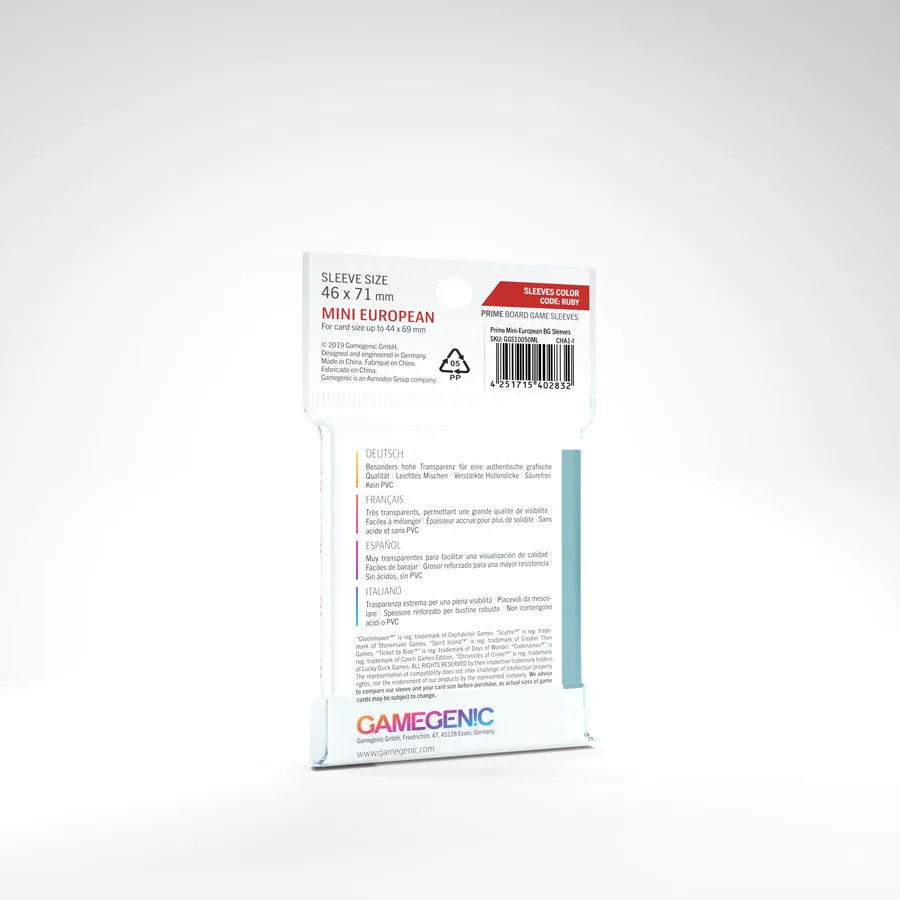 MINI EUROPEAN PRIME BOARD GAME SLEEVES Clear (50 count) Code Ruby | Gamegenic