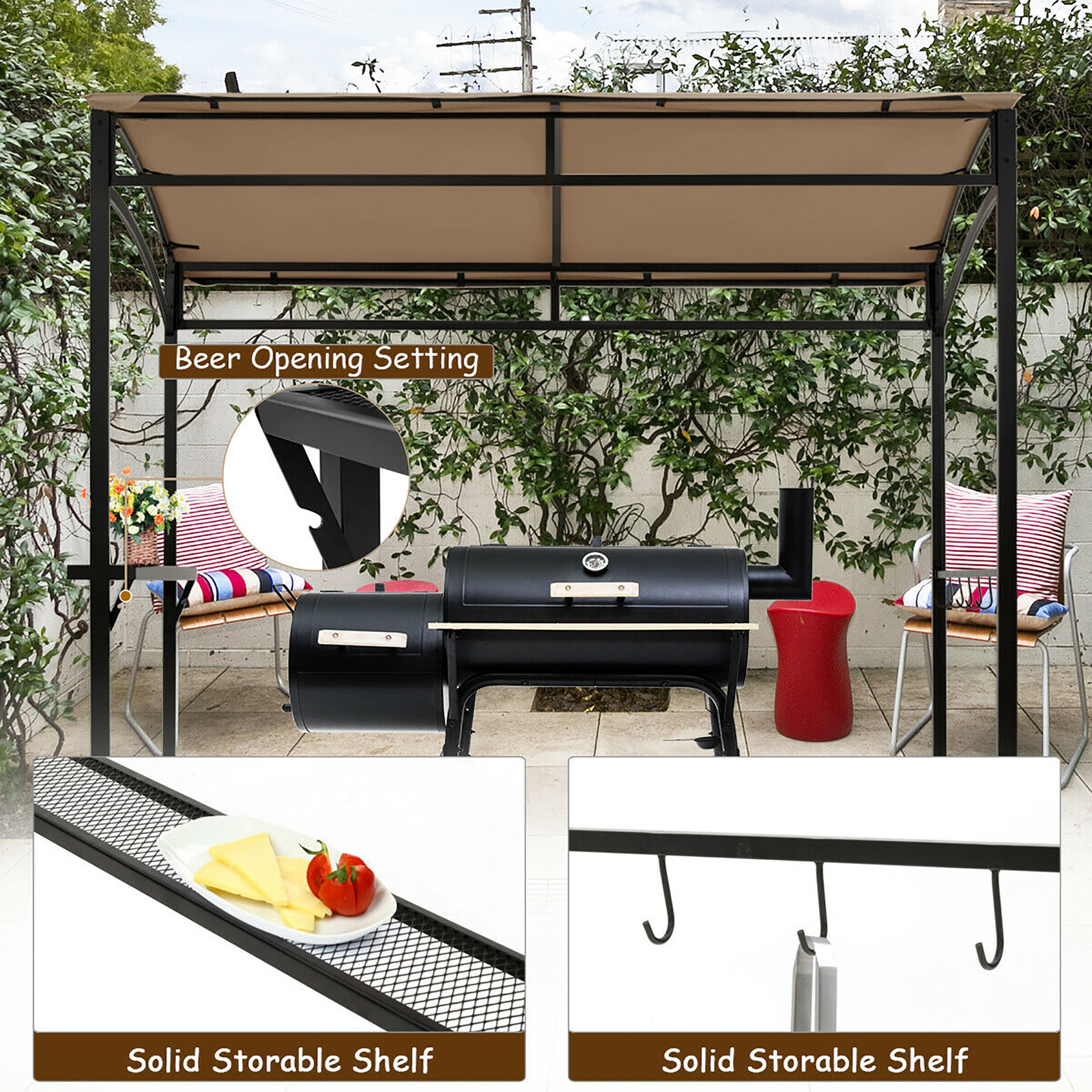 7'x4.5' Grill Gazebo Outdoor Patio Garden BBQ Canopy Shelter Storage Hook Brown