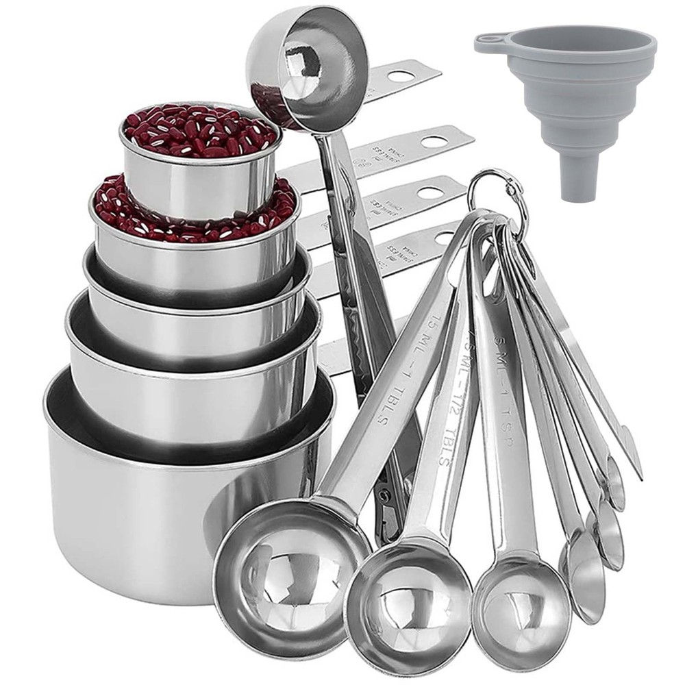 14pcs Measuring Spoons And Cups Set, Stainless Compact, Sliver