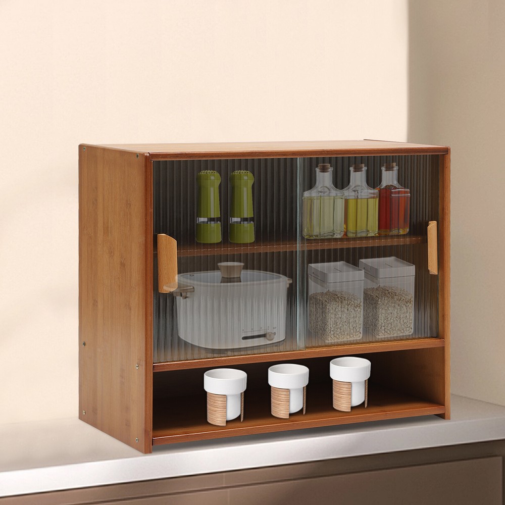 Small Bamboo Kitchen Pantry Sideboard with Sliding Doors and Ample Storage
