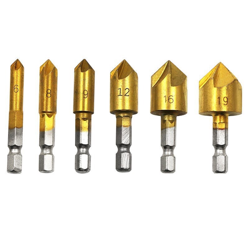 6Pc Chamfer Countersink Deburring Drill Bit Set Crosshole Cutting Metal Tool Kit