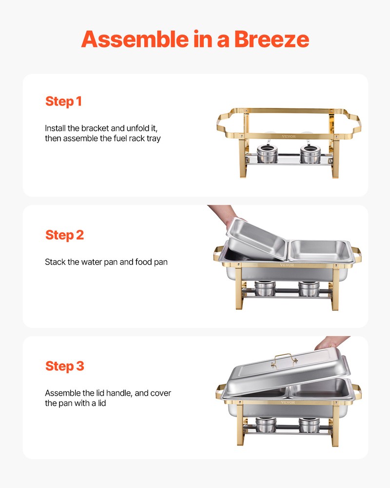 VEVOR 8 Qt 4 Pack Rectangle Chafing Dish Buffet Set Full-Size & Half-Size Gold