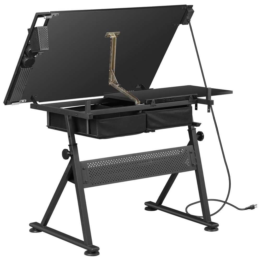 Wooden Drafting Table with Height Adjustable &Tilting Tabletop for Drawing Black