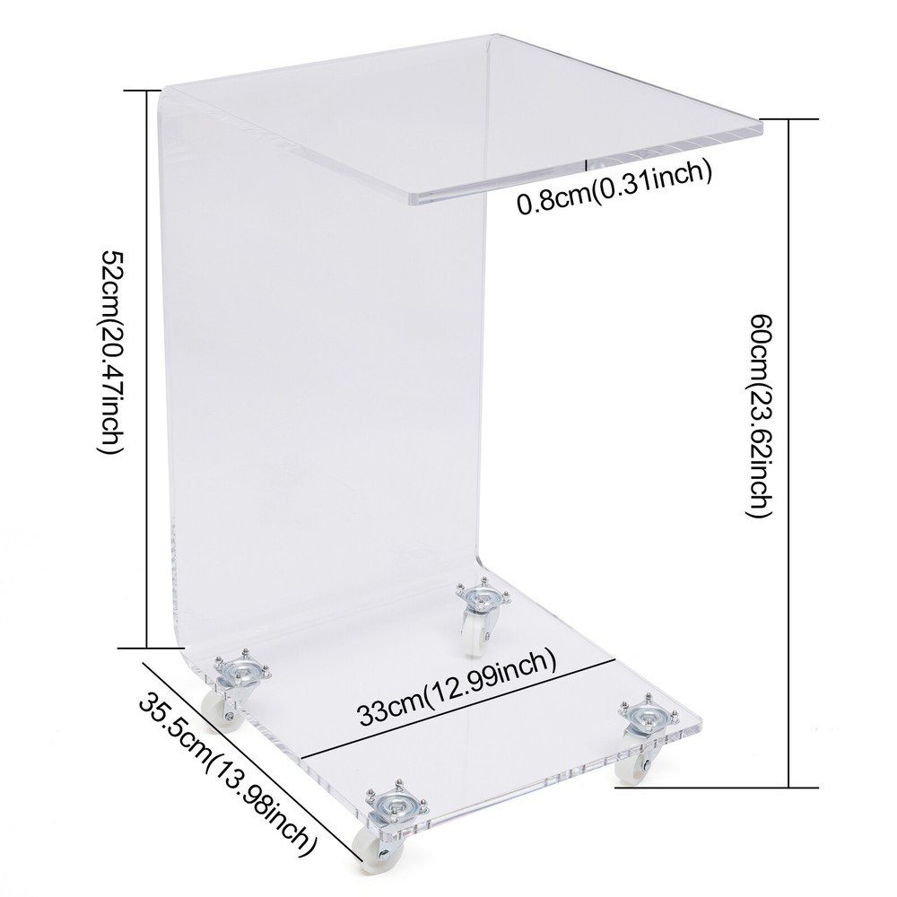Clear Acrylic Sofa Side Table Transparent C Shaped End Table with Rollers