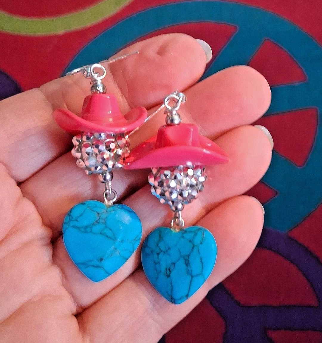 Turquoise Hearts & Pink Cowgirl Hat Super Bling Earrings by Wild M!