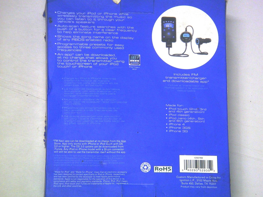 Brand New Auvio FM transmitter/charger for iPod or iPhone