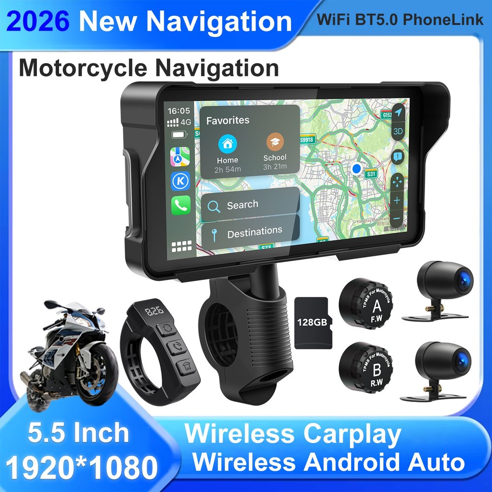 5.5" Waterproof Motorcycle Touchscreen Carplay Android Auto Dash Cam TPMS / BT