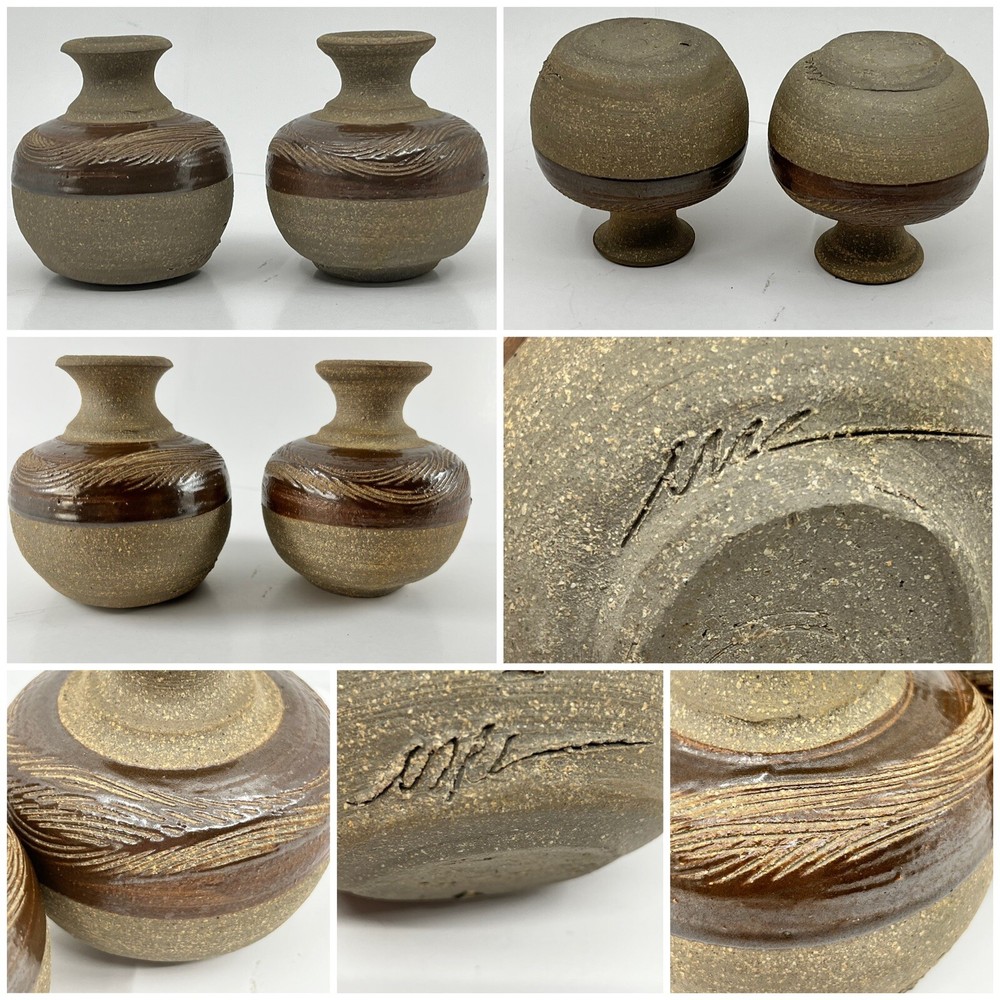 2 Small Vases SIGNED HANDMADE MCM Studio POTTERY ART Slightly Different BoHo 4"