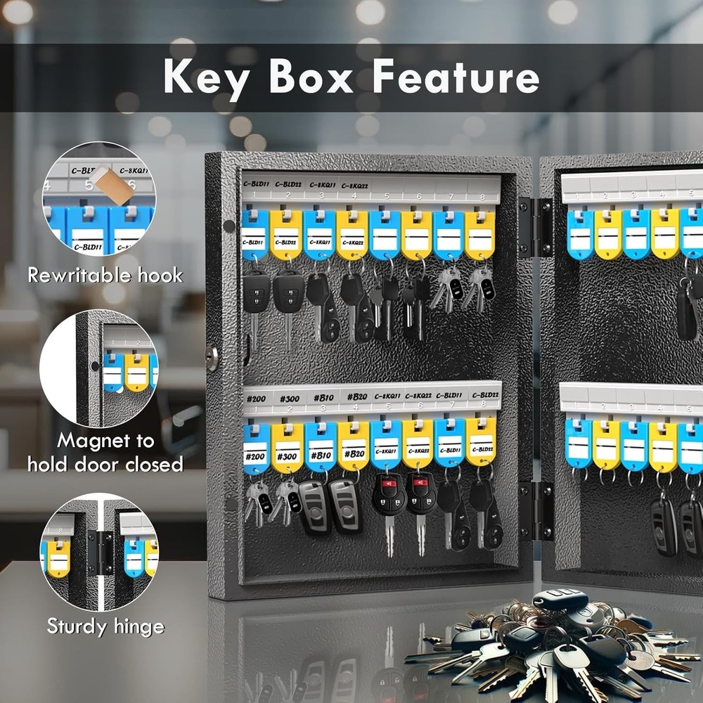 Key Lock Box with Dual Lock 32 Key Cabinet Wall Mount Lockable Secure Storage