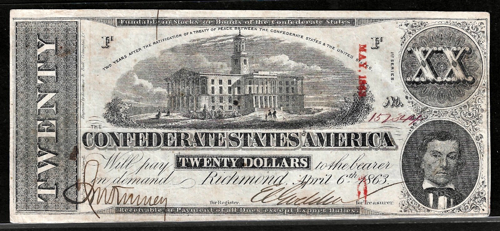 1863 CSA CONFEDERATE STATES AMERICA CURRENCY $20 Dollar Note S/N 152344 T-58