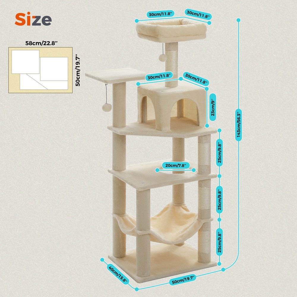 PAWZ Road Multi-Level Cat Tree Tower Scratching Post Large Hammock 2 Top Perches