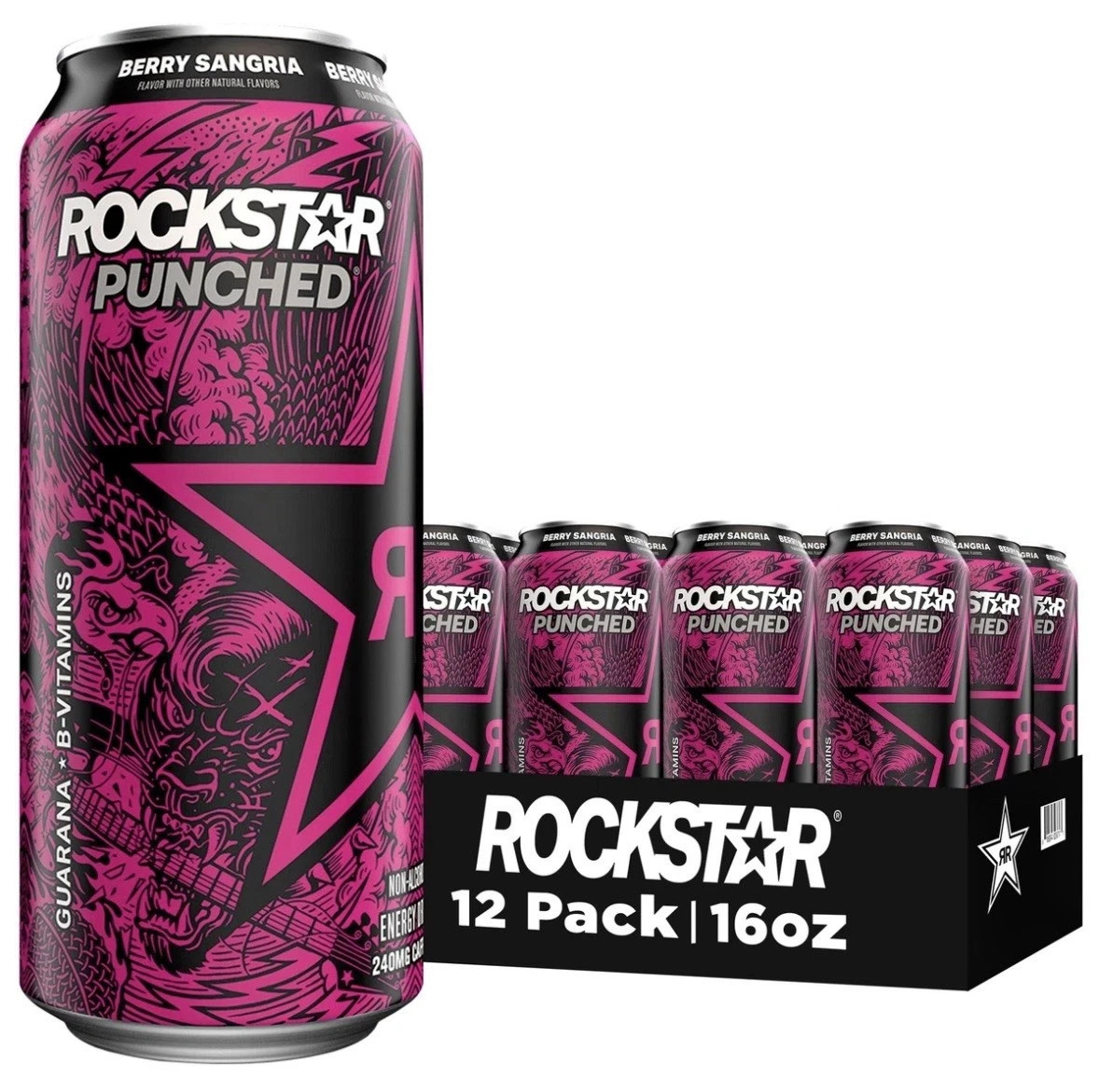 Rockstar Punched Berry Sangria Energy Drink 16oz Cans (12 Pack) 240mg Caffeine