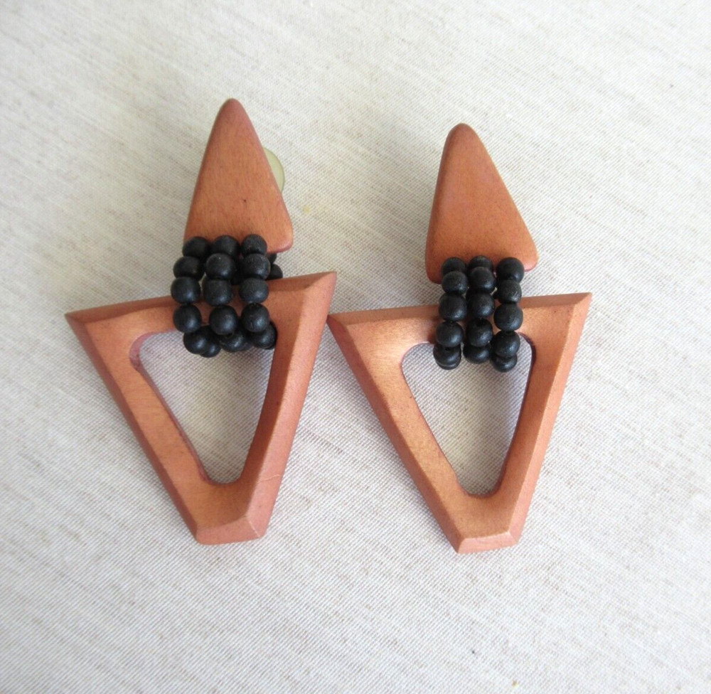 RUNWAY LARGE WOOD DOUBLE TRIANGLE DANGLE DROP PIERCED EARRINGS STATEMENT 3" H