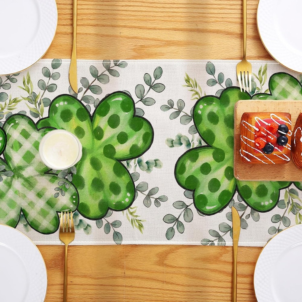 St Patrick's Day Table Runner Decorations Shamrock Eucalyptus Seasonal Kitchen