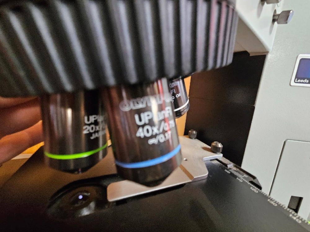 OLYMPUS BX60F5 BX60 TRINOCULAR FLUORESCENCE MICROSCOPE W/ 5 UPLANFL OBJECTIVES