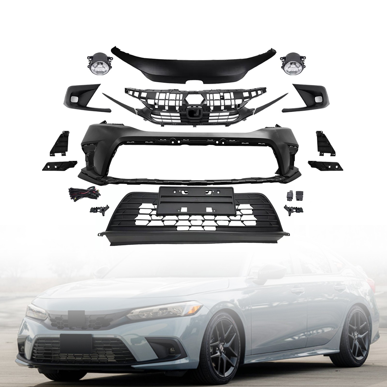 New Front Bumper Cover Kit w/ License Plate Fits 2022-2024 Honda Civic 1.5L 2.0L