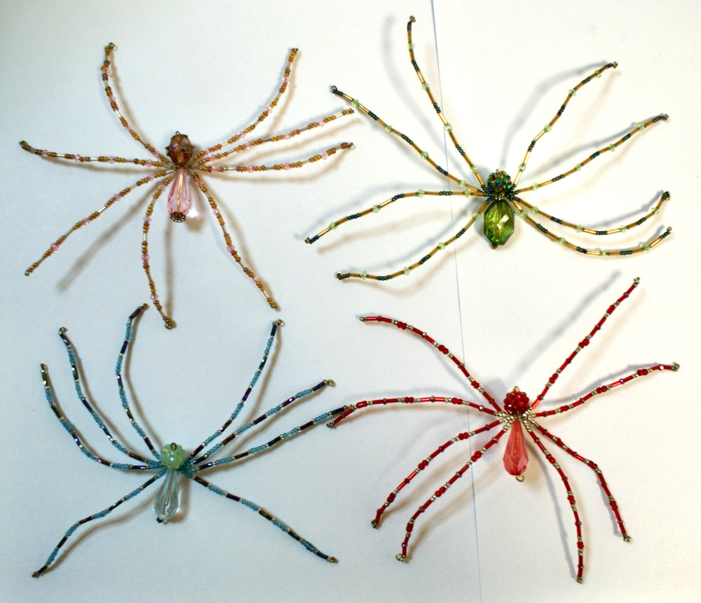 4 x Large Hand Crafted Beadwork Spiders, Moveable Wire Legs, Approx. 7" Wide