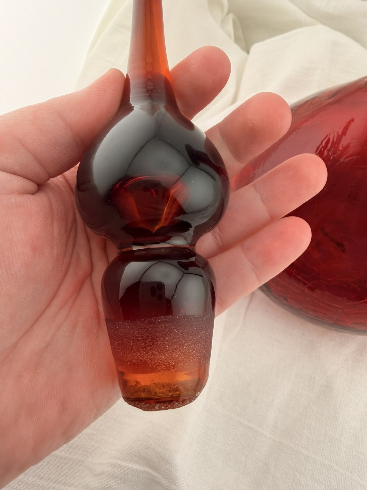 Vintage Blenko Red Glass Decanter Hand Blown Mid Century Modern Art Glass Ruby