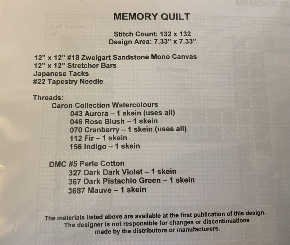 Nancy’s Needle Needlepoint Chart “Memory Quilt”