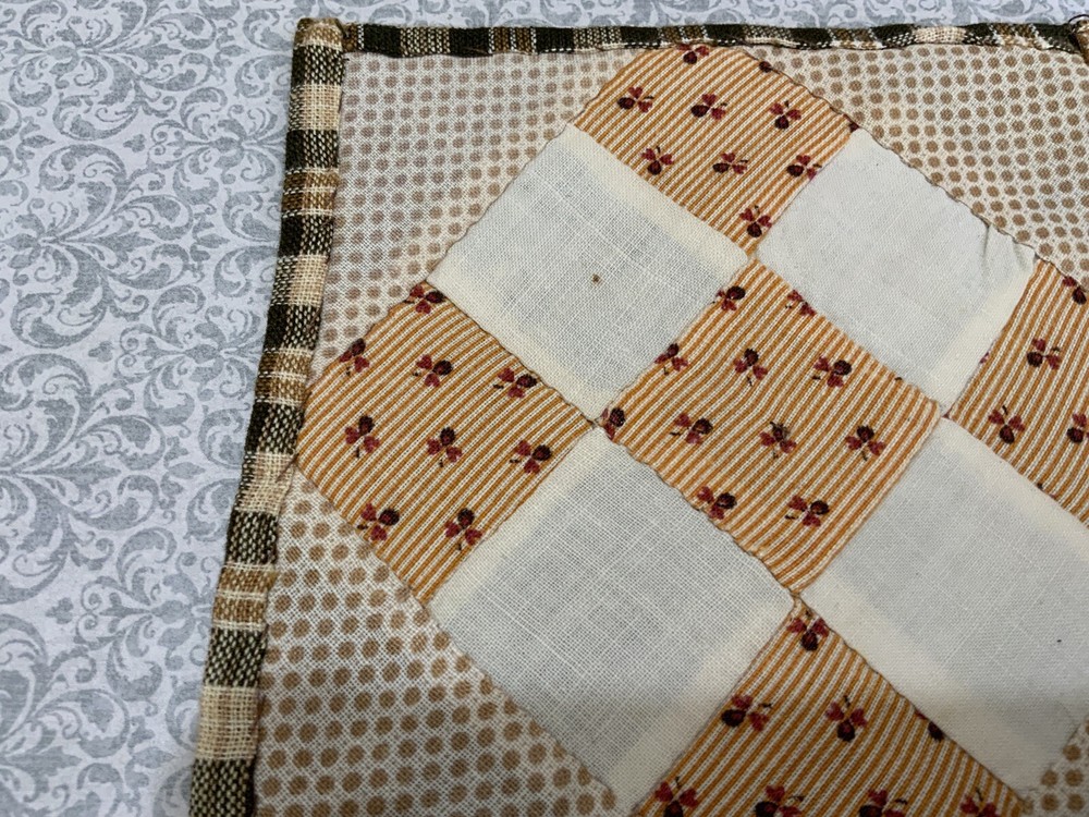 Antique Patchwork Quilt Table Topper, Mini, Nine Patch, Early Calico Prints