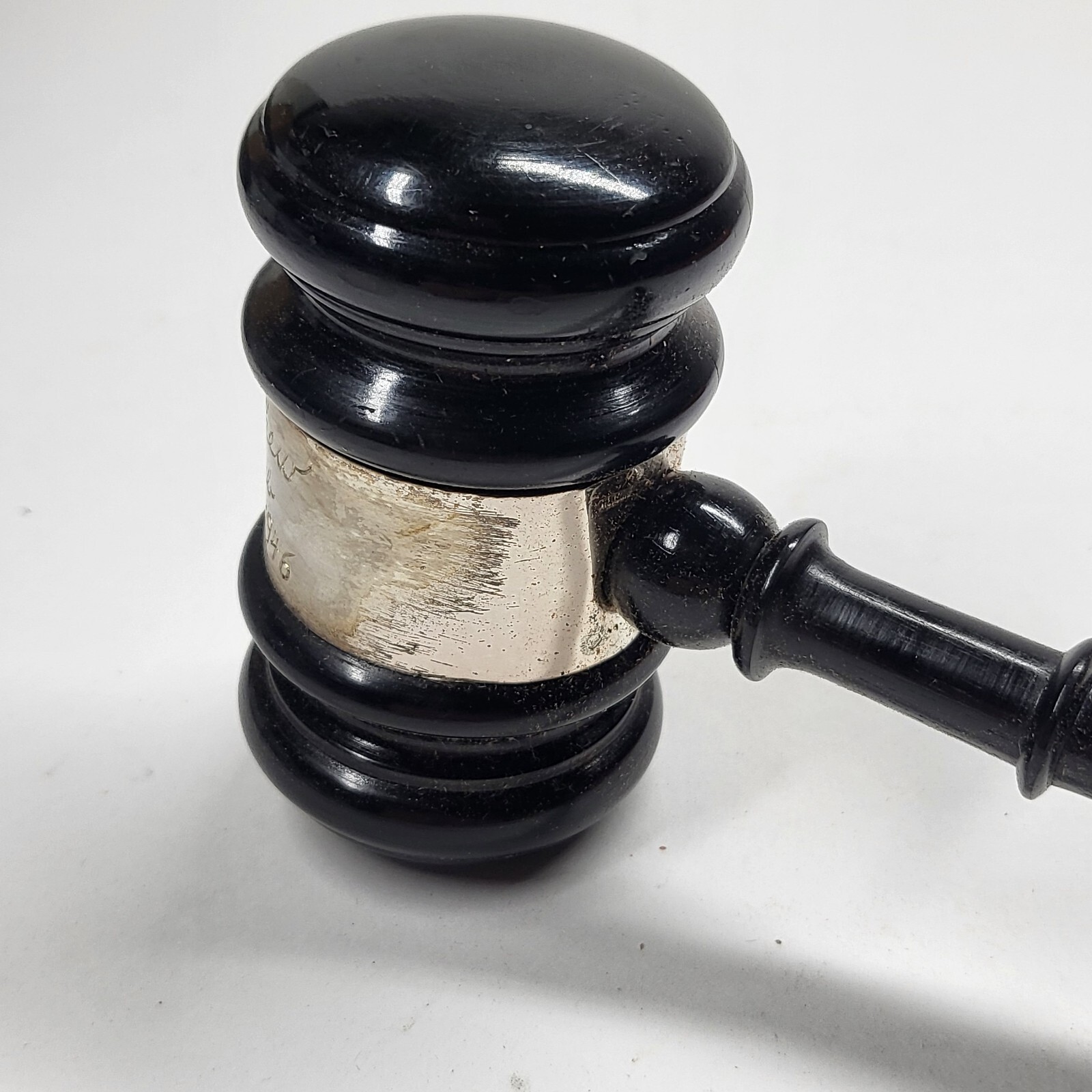Ebony Wood Gavel w/Sterling Silver Band 10” Vintage 1946 Engraved Onized Club