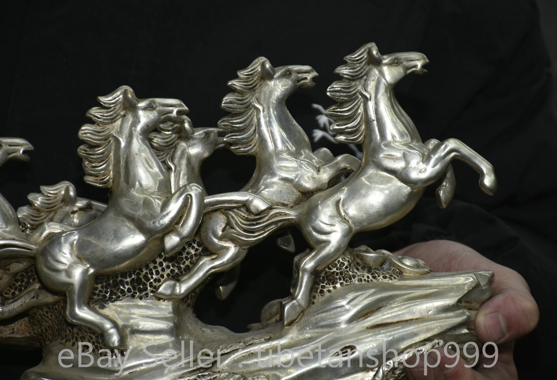 14.8" Rare Old Chinese Dynasty Silver Fengshui 12 Zodiac 8 Horse Word Statue