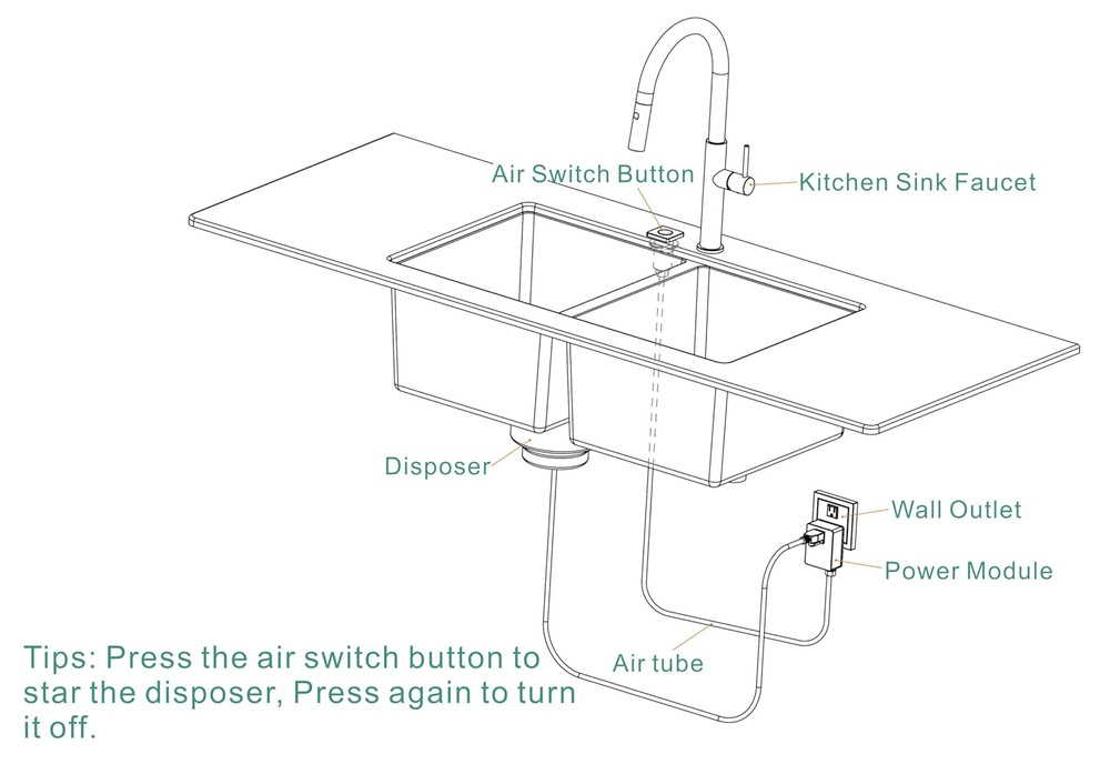 Cordless Air Switch Kit for Garbage Disposal - Matte Black Brass Push Button